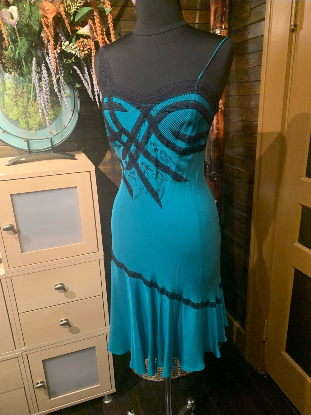 Vintage Betsey Johnson silk dress in  Teal and Black